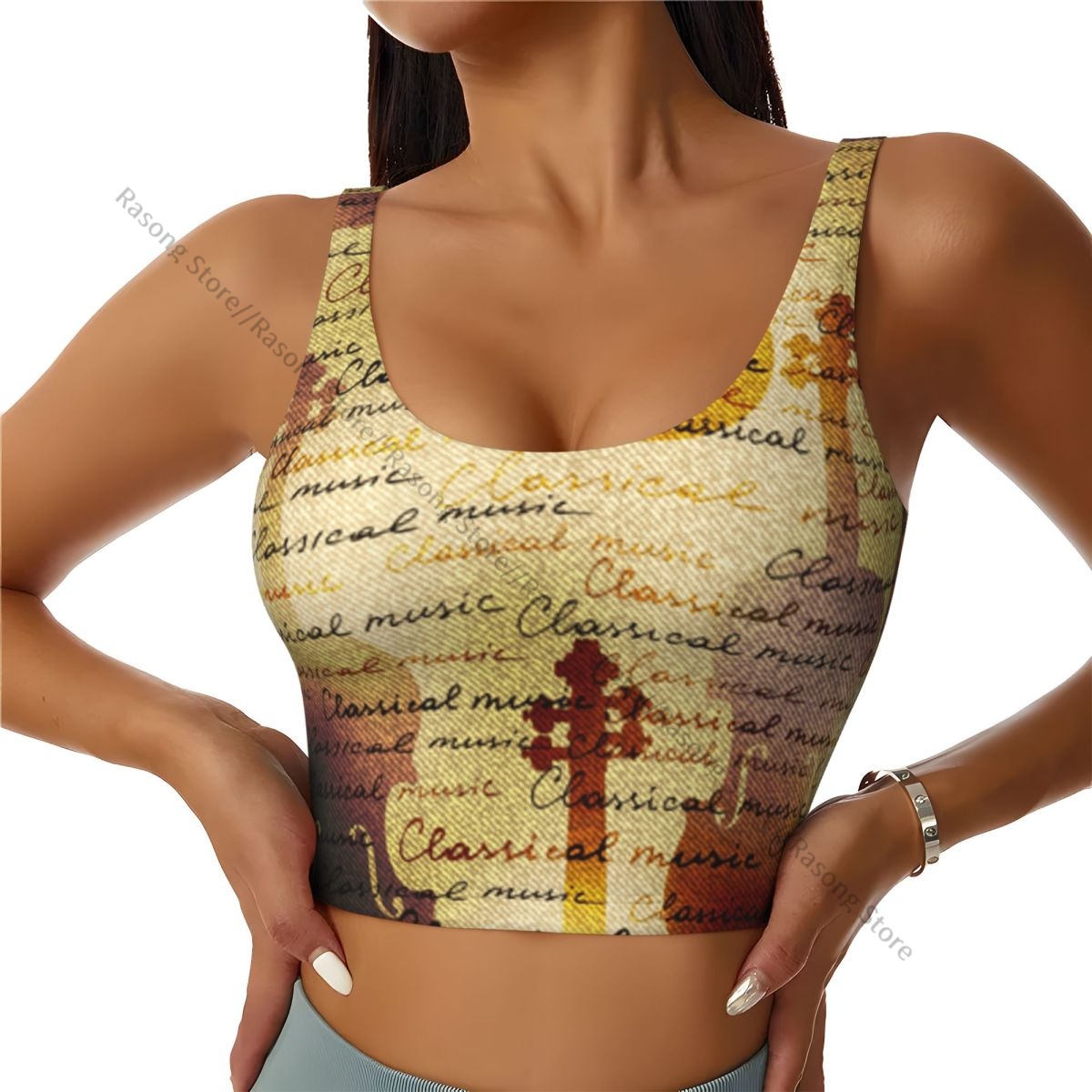 Yoga Fitness Images - เสื้อชั้นในกีฬาสำหรับผู้หญิง วิ่ง โยคะ เสื้อกล้ามพิมพ์ลายดนตรีคลาสสิกและภาพไวโอลิน เสื้อออกกำลังกาย