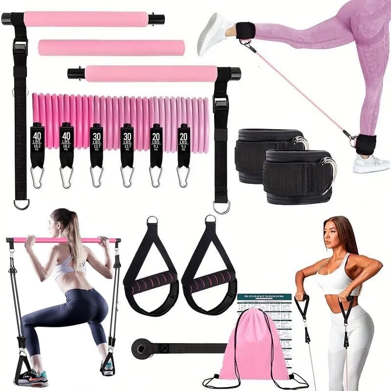 Yoga Fitness Gear - ชุดอุปกรณ์พิลาทิสบาร์อเนกประสงค์พร้อมสายยางยืดปรับระดับได้ บอร์ดพิลาทิสสำหรับยืดกล้ามเนื้อ อุปกรณ์ออกกำลังกายที่บ้านสำหรับการฝึกความแข็งแรงของร่างกายทั้งหมด อุปกรณ์โยคะและฟิตเนสแบบพกพา