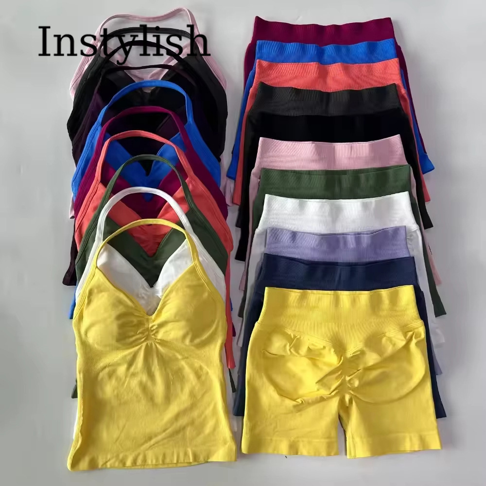 Yoga Fitness Yoga - ชุดโยคะไร้รอยต่อสำหรับผู้หญิง 2 ชิ้น เสื้อสายเดี่ยวคอวีรัดรูป กางเกงเลกกิ้งเอวสูงยืดหยุ่น ชุดออกกำลังกาย